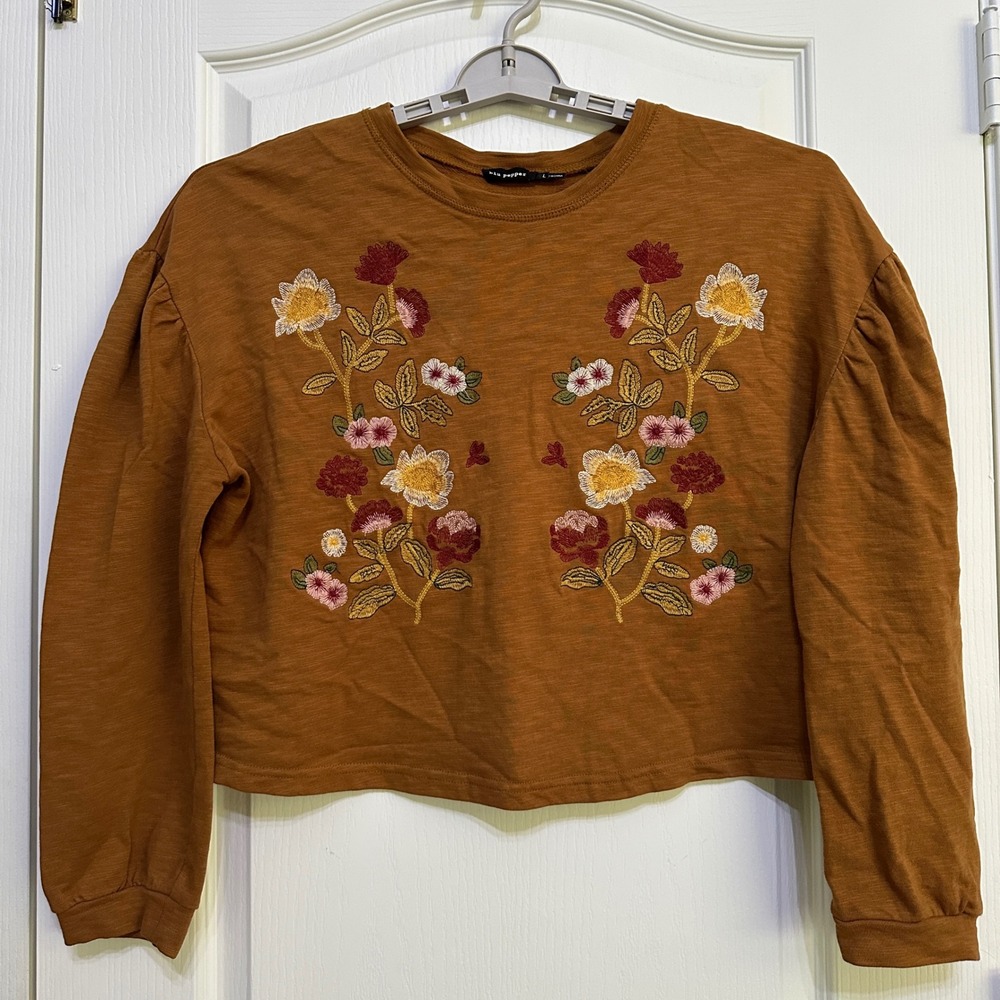 Oversized Embroidered Crop Sweatshirt Puff Sleeves L Brown Boho Cottagecore Art